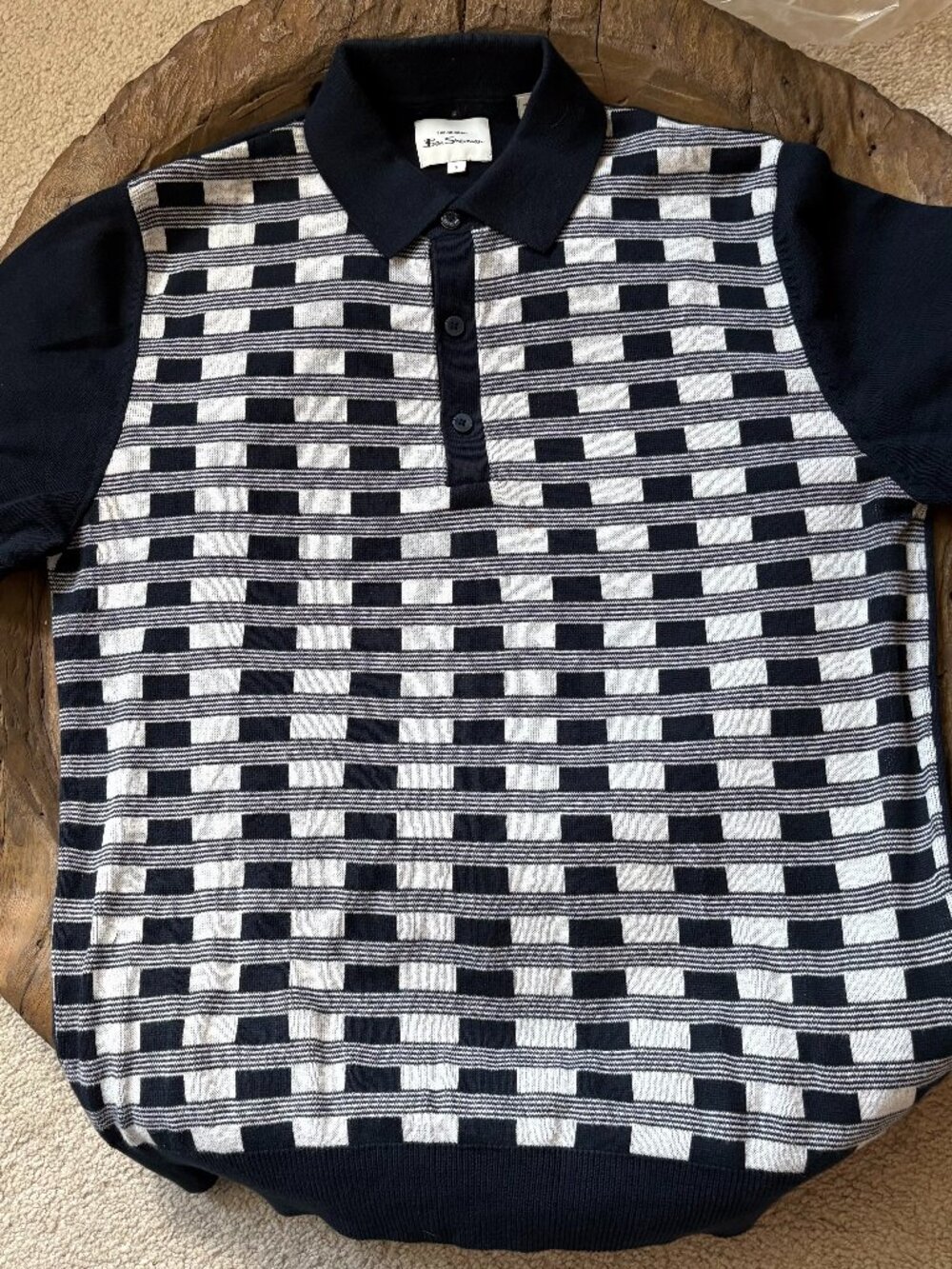 Ben Sherman mod graphic navy white men's cotton polo sweater shirt size small